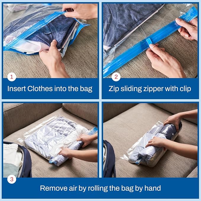 Spacesaver Roll Up Vacuum Storage Bags for Jackets, Suits, Dresses & Clothes – Sealed Compression Bags with Hand Pump – Space Saver Bags for Moving, Travel & Organization - Pack of 8