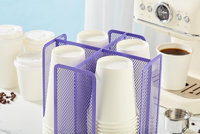 Annova Paper Cup and Lid Holder Plastic Storage Organizer, 360Rotating Dispenser with 4 Compartments, Multifunctional Cup Rack for Home, Office, Bar, Coffee Shop (Purple)-NeatNest