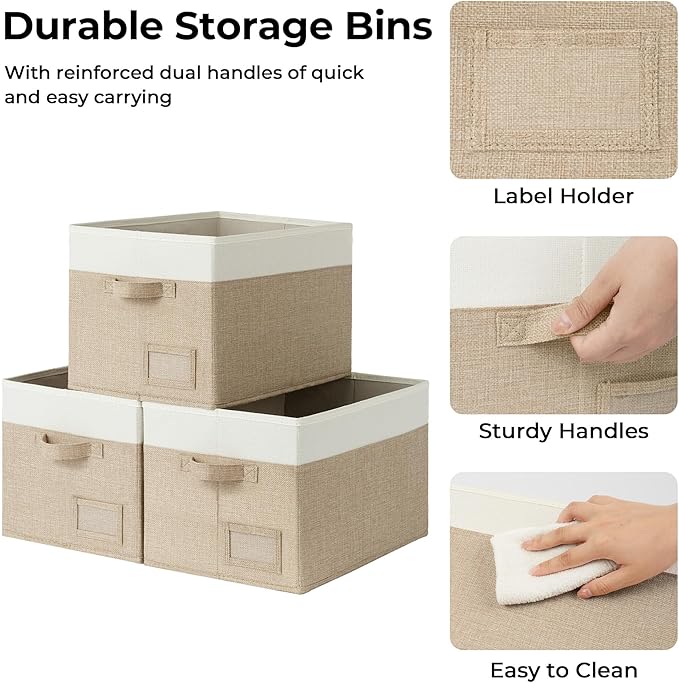 GRANNY SAYS Closet Storage Bins, Fabric Storage Baskets, Large, Khaki & Ivory, 3-Pack