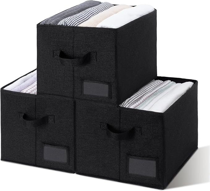 GRANNY SAYS Storage Bins, Storage Baskets for Shelves, Fabric Storage Bin for Clothes, Closet Organization Bin, Collapsible Storage Bins with Handles, Decorative Storage Box, Black, Jumbo, 3-Pack