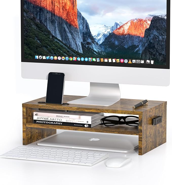 BONTEC Wooden Monitor Stand Riser, 2-Tier Desk Shelf with Storage Organizer, Ergonomic Computer Stand with Cable Management, Cellphone Holder, Vintage Brown, 16.5 Inch-NeatNest