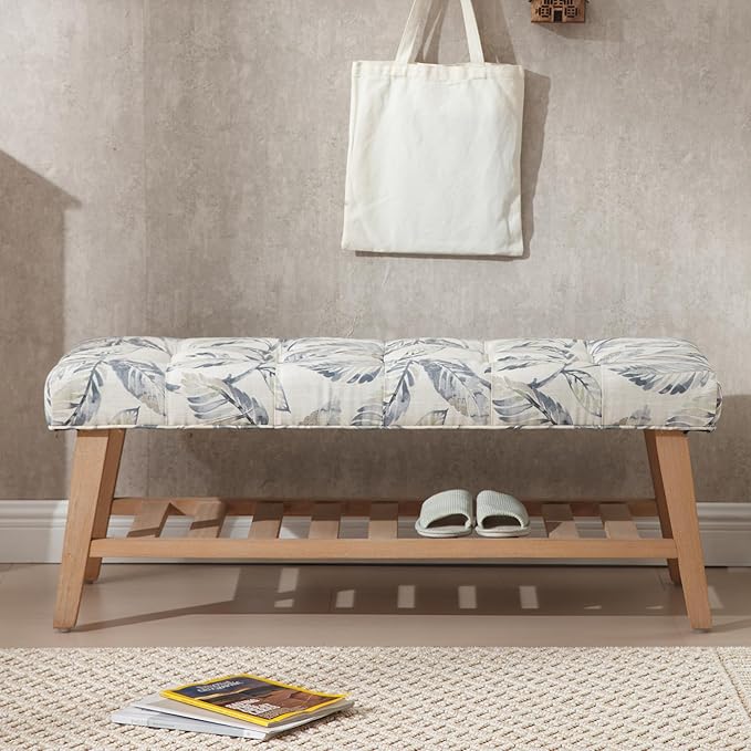 Entryway Shoe Bench Storage Benches with Upholstered Button Tufted Seat and Open Slatted Shelf Linen Shoe Rack for Hallway Living Room Bedroom End of Bed, Pattern