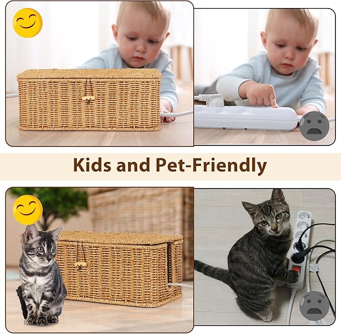 Cable Management Box, Handwoven Faux Rattan Cord Organizer with Lid, 2 Open Slots Cable Organizer Box, Decorative Cord Hider for Tv Computer USB Hub & Power Strip Holder