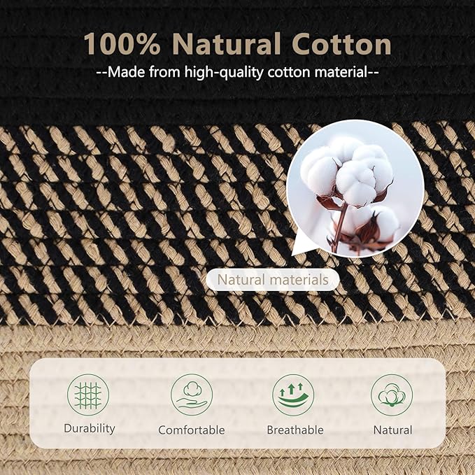 Cotton Rope Storage Basket, 15x10x9 Inches, Woven Basket for Shelves, Clothes, Toys, Towels, Books, and Laundry, Durable and Stylish, Gradient Black/Brown (1 Pack)-NeatNest
