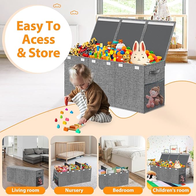 Extra Large Toy Storage Box with Lid Divider, Sturdy Collapsible Toys Organizer Chest Kids Storage Bins Boxes Baskets for Boys, Girls, Nursery, Bedroom, Living Room, Playroom, 40"x14"x16", Gray