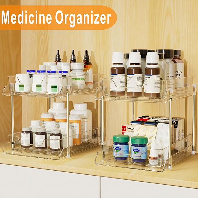 JLKDQ 4 Pack Bathroom Under Sink Organizers and Storage, 2-Tier Pull Out Medicine Cabinet Organizing- Kitchen, Pantry, Medicine Storage Bins, Vanity Makeup.(Clear,10.63" L x 8.0" W x 8.46" H).-NeatNest