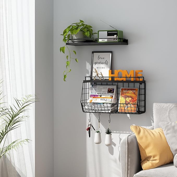 Bathroom Shelves Over Toilet Wall Mounted Floating Shelves with Wire Basket and Hooks Metal Shelf Organizer for Bathroom, Bedroom, Living Room, Kitchen, Home Storage-NeatNest