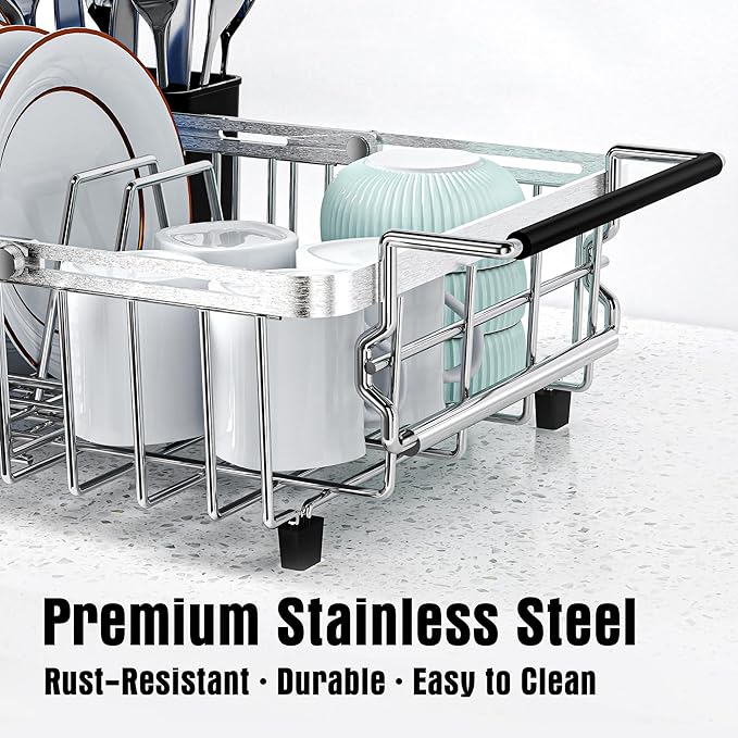 Expandable Dish Drying Rack in Sink,Stainless Steel Over The Sink Dish Drainer Drying Rack for Kitchen Counter,with Utensil Holder,Silver