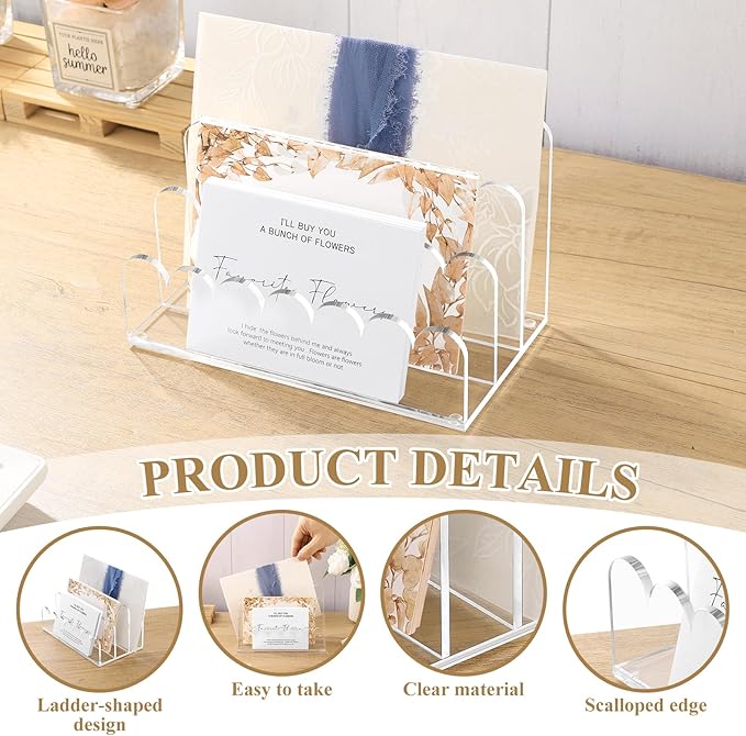 Acrylic Scalloped Mail Holder Organizer Sorter for Desk Clear Print Script Letter Holder Countertop 3 Upright Compartments Laddered Envelope Stand for Office Home School
