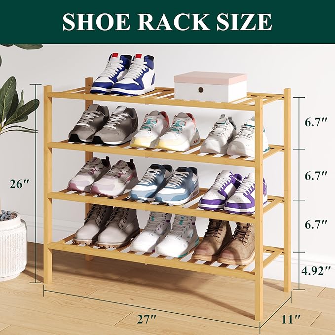Smiry Bamboo Shoe Rack for Closet, 4 Tier Wooden Stackable Shoe Organizer, Free Standing Shoes Storage Shelf for Entryway, Front Door Entrance, Natural-NeatNest