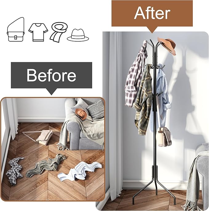 FILWH Coat Rack Freestanding Coat Tree Standing Coat and Hat Hanger Jacket Organizer Rack Metal,18.3" L x 18.3" W x 71.5" H, Black-NeatNest