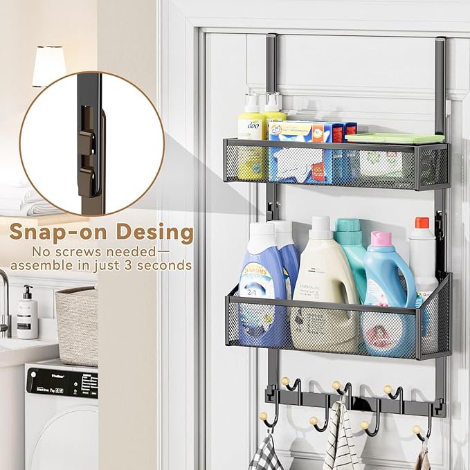 Over The Door Hooks Organizer: Hanging Back of Door Storage Organizer - Waterproof Heavy Duty Door Hanger Towel Rack with 7 Coat Hooks and 2 Mesh Baskets for Bathroom Bedroom and Kitchen (Black)