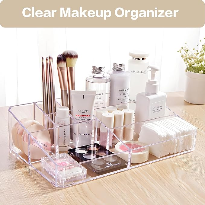 Clear Makeup Organizer, Makeup Brushes Storage Case, Cosmetic Display Case Tray, Tiered Skincare Organizer, Acrylic Lipstick Holder Countertop Desk Brush Organizer for Bedroom Vanity-NeatNest