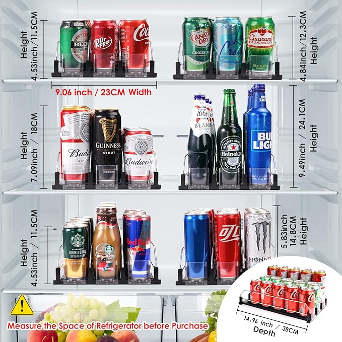 Drink Dispenser for Refrigerator, Self-Pushing Soda Can Organizer for Fridge, 3 Rows has been Assembled, Automatic Can Organizer with Spring Loaded for Refrigerator Holds 15 cans, Black