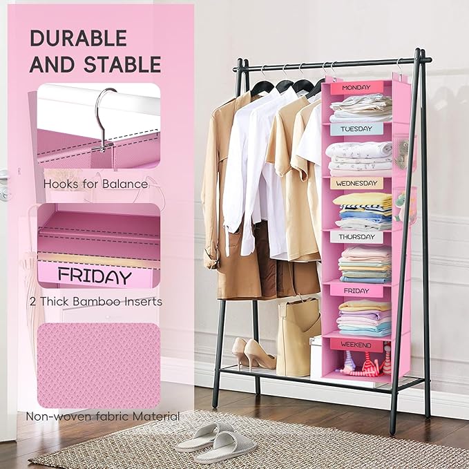 VERONLY Weekly Hanging Closet Organizer for Kids, 6-Shelf Clothes Storage with Labeled Days of The Week Monday Through Friday, Weekday and Weekend, Days of The Week Clothes Organizer-NeatNest