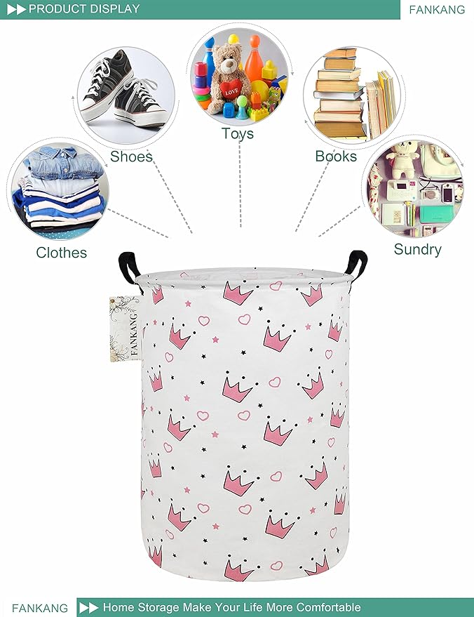 FANKANG Storage Basket, Nursery Hamper Canvas Laundry Basket Foldable with Waterproof PE Coating Large Storage Baskets for Kids Boys and Girls, Office, Bedroom, Clothes,Toys(pink crowns)