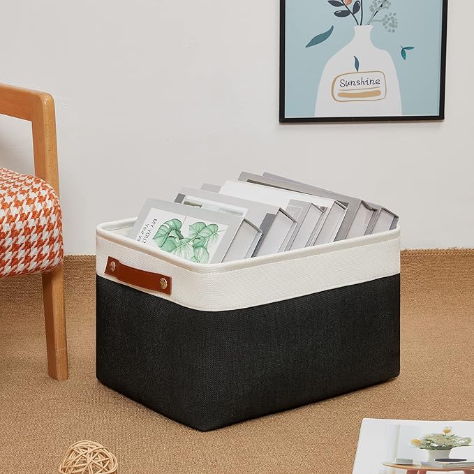 DULLEMELO Linen Closet Organizer and Storage Basket for Office, Bedroom, Cloth, Baskets for Organizing and Storage with handles for Shelves,Closet,Gift,Toys(White&Black)-NeatNest