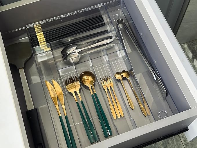 IEEK Utensil Organizer for Kitchen Drawers Expandable Flatware Organizer Utensil Tray Adjustable Cutlery Silverware Holder,Kitchen Drawer Organizer Tray for Knives,Forks,Spoons,Chopsticks,Clear-L-NeatNest