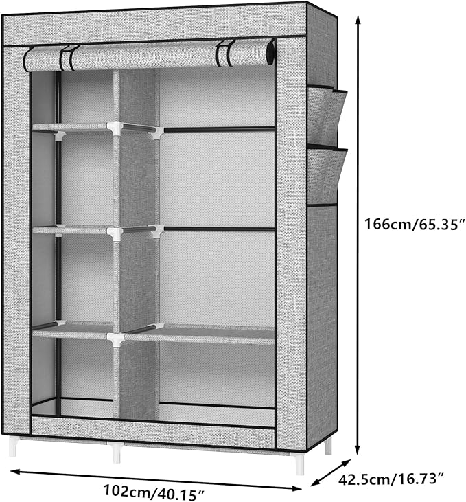 Calmootey Portable Closet Organizers, Clothing Storage, Wardrobe with 6 Shelves and Hanging Rod, Non-Woven Fabric Cover with 4 Side Pockets, Ash Grey-NeatNest