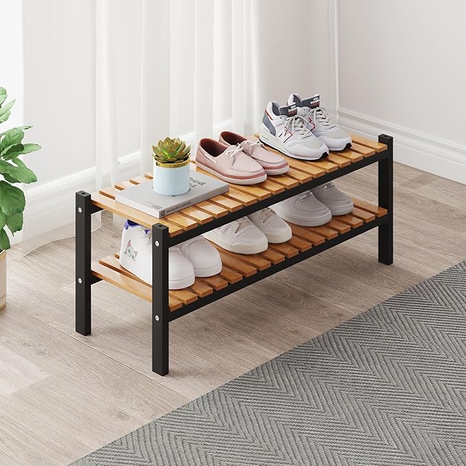 Bamboo Shoe Rack Organizer for Closet and Entryway - Space-Saving Narrow Shoe Stand - Versatile Shoe Holder for Door or Closet Shelf, Garage Bedroom can Freely Stack DIY Small Shoe Racks 2 Tier-NeatNest