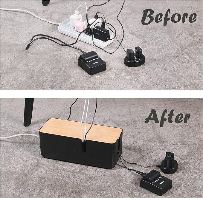Changsuo Cable Management Box with Bamboo Lid Small Cable Organizer Box for Extension Cord Power Stripe Surge Protector Wire Management Concealer Organizer Cover Hider (Black)