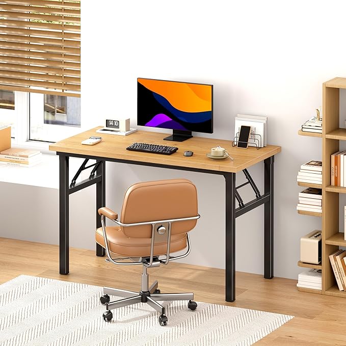 DlandHome Computer Desk Folding Table 39.4 inches Writing Desk for Small Space Study Table Laptop Desk No Assembly Required Teak&Black-NeatNest