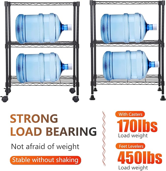 BestOffice 3-Tier Adjustable Wire Shelving Storage Shelves Heavy Duty Shelving Unit with Wheels for Small Places Kitchen Garage Balcony,Black-NeatNest