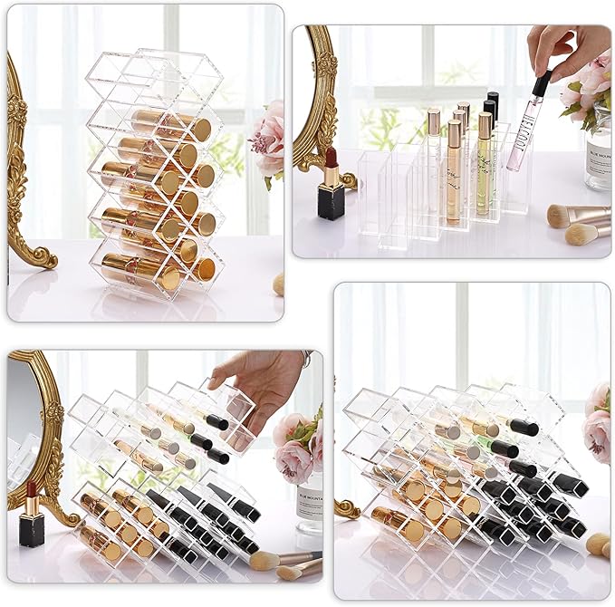ELLDOO Rollerball Perfume Organizer, 14 Spaces Clear Acrylic Perfume Storage Holder Beauty Scent Holder, Stackable Makeup Lipgloss Lipstick Display Case Lip Gloss Storage Stand-NeatNest