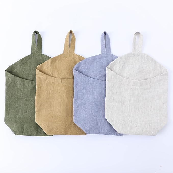 100% Linen Hanging Storage Bags Baskets 2 Pcs, Small Wall Storage Bag for Kitchen, Bedroom, RV Camper Organizer, Sewing Room, Nursery Storage, Kids Room, Army Green
