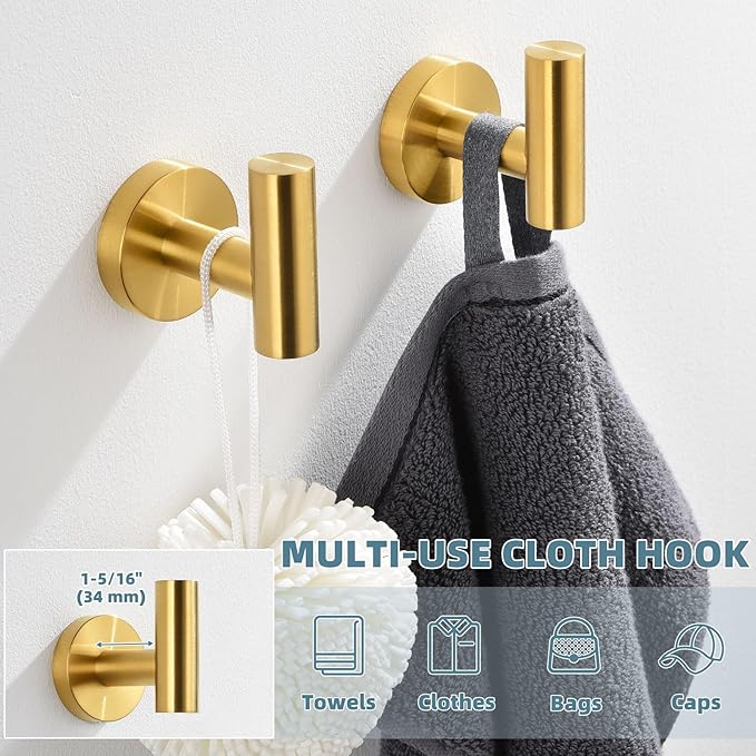 APLusee Hand Towel Hook 2 Pack Brushed Gold, 304 Stainless Steel Bath Robe Hanger, Wall Mounted