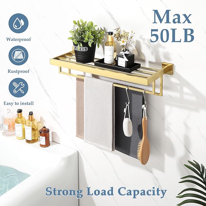 Alise 24 Inch Towel Racks for Bathroom, Towel Rack Wall Mounted with Double Towel Bars, SUS 304 Stainless Steel Towel Shelf, Heavy Duty Hand Towel Holder(Gold Finish)
