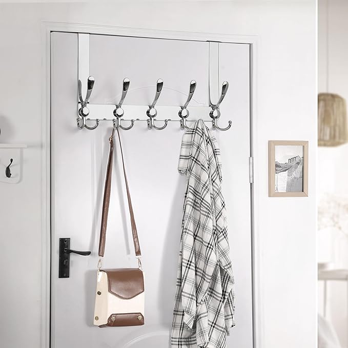 Dseap Over The Door Hook Hanger - 5 Tri Hooks, Heavy Duty Over The Door Towel Rack Coat Rack for Clothes Hat Towel, Chromed, 2 Packs