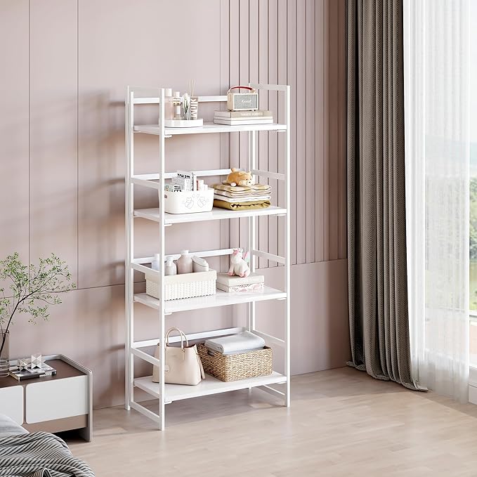 BHG Vintage Multifunctional Folding Bookshelf, No-Assembly Plant Stand Storage Rack Shelves for Home Office (All White, 4-Tier)-NeatNest