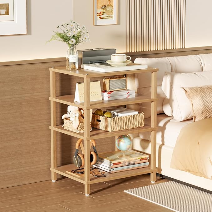 4-Tier AV Media Player Stand, Natural Stereo Cabinet, Modern Audio Shelf, Wooden TV Stand,Game Console Shelf, Multifunctional Entertainment Center, Suitable for Home, Conference Room, Game Studio-NeatNest