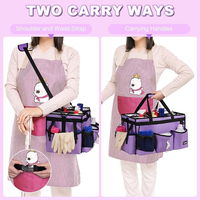 Extra-Large Cleaning Caddy Bag With Detachable Divider,Cleaning Caddy For Cleaning Supplies,19.69" X 11.42" X 11.42" Cleaning Supply Caddy With Adjustable Shoulder Strap & Waist Belt For Cleaners