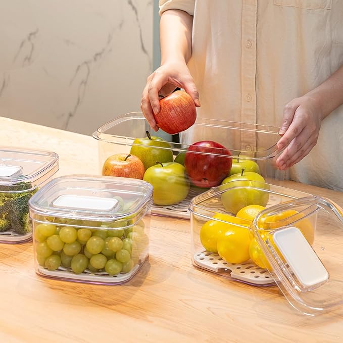 Felli Duo Fresh Veggie Keeper Bin with Vent + Drain Trays, RECTANGLE Fridge Vegetable Fruit Container for LONG & LARGE Produce Storage Lettuce Cabbage Celery Cucumber Organizer for Refrigerator