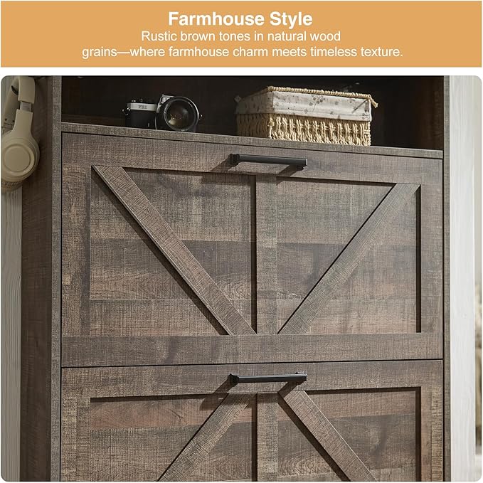 Shoe Storage Cabinet,Farmhouse Shoes Organizer with 2 Flip Drawers & Barn Door Design,Freestanding Hidden Slim Narrow Shoe Rack Cabinet with Open Shelves for Entryway,Hallway,Rustic Brown-NeatNest