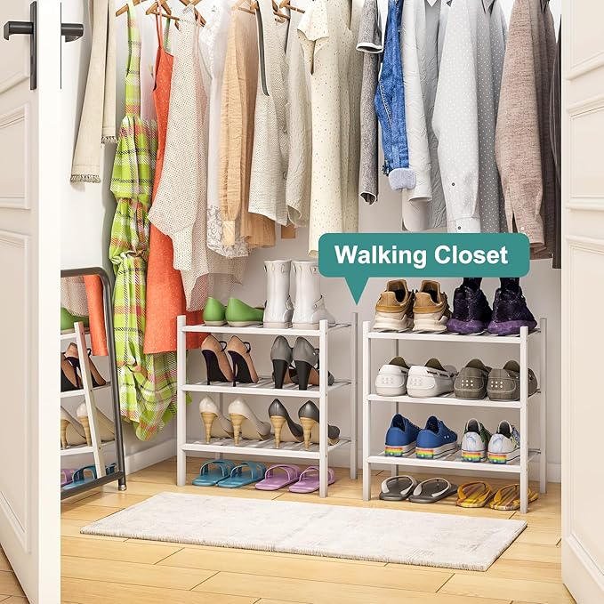 Small Shoe Rack for Entryway, White Shoe Organizer for Closet, Bamboo Wood Standing Shoe Shelf for Indoor Outdoor (White, 3-Tier_Samll)-NeatNest