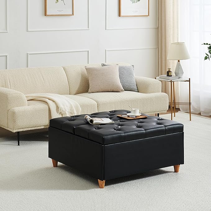 GAOMON Leather Storage Ottoman Coffee Table with Lift Top, Faux Leather Tufted Upholstered Ottoman with Storage, Large Square Storage Ottoman Bench for Bedroom Living Room(Leather, Black)