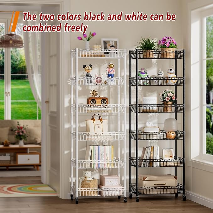 6 Tier Basket Shelf Wire Shelving Unit Adjustable Storage Shelves Big Basket Rack for Garage Kitchen Office Pantry Corner 17.2" Dx12.2 Wx63 H White