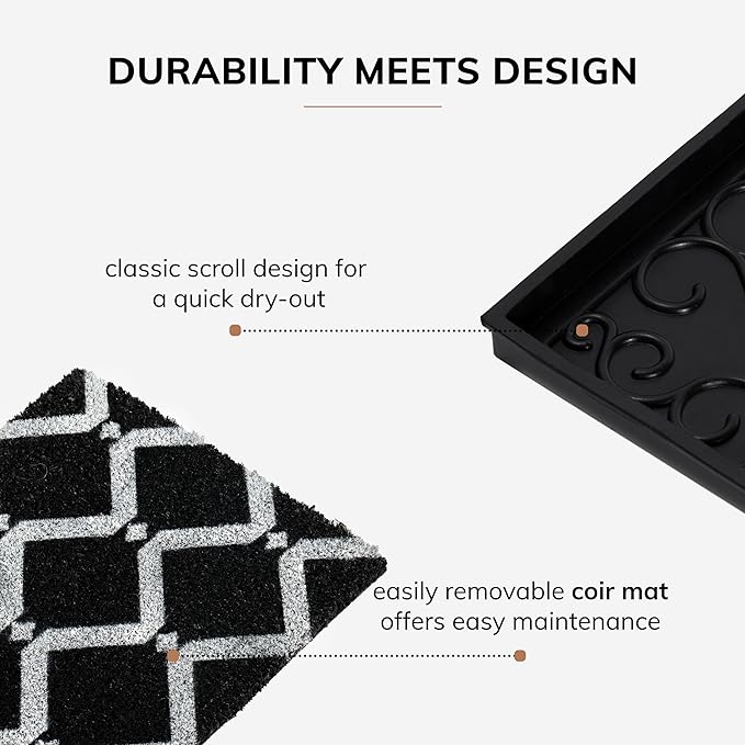 Anji Mountain Heavy Duty Waterproof Rubber Shoe Storage Mat Organizer/Boot Storage Multi Use for Entryway with Coir, Black and Ivory Diamond Insert, Fits 2 Pair (24.5" Wide)