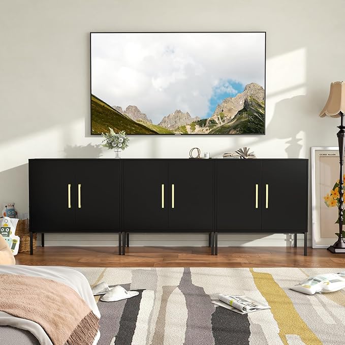 JOZZBY Buffet Sideboard Cabinet with Storage, Modern Wooden Cabinet with Adjustable Shelves, Black and Gold Cabinets for Living Room, Kitchen, Hallway, Set of 3