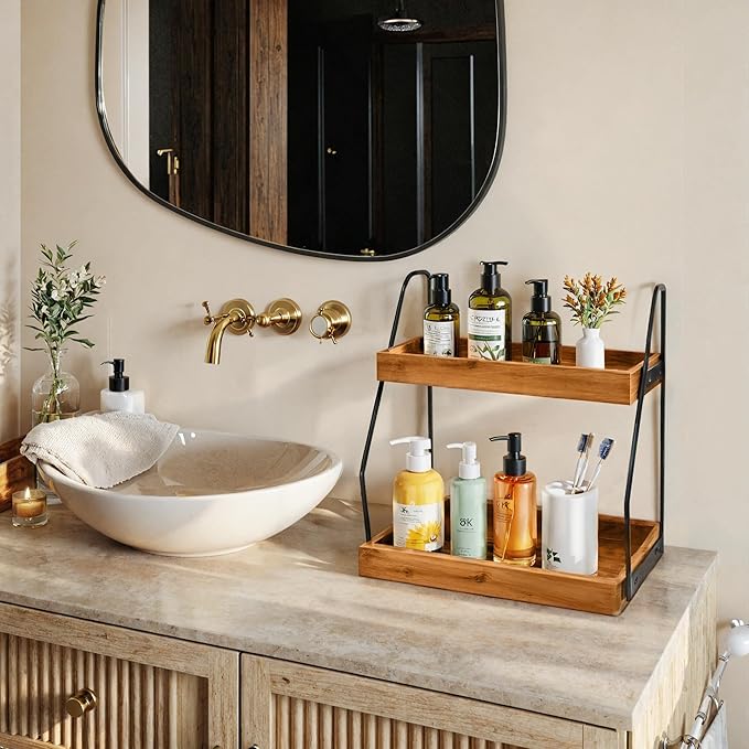 Acacia Bathroom Organizer Countertop 13.6 x 14 x 6.7 inches, 2-Tier Wood Counter Standing Rack, Countertop Storage Shelf for Organizing Bathroom Kitchen Office Desk Vanity Cosmetic Balcony