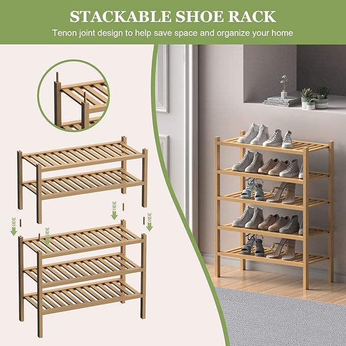 (Thick Bamboo Shoe Rack for Entryway, 3-Tier Free Standing Shoe Racks Stackable Shoe Rack Organizer for Hallway Closet Living Room 27 x12 x21 Inches-NeatNest