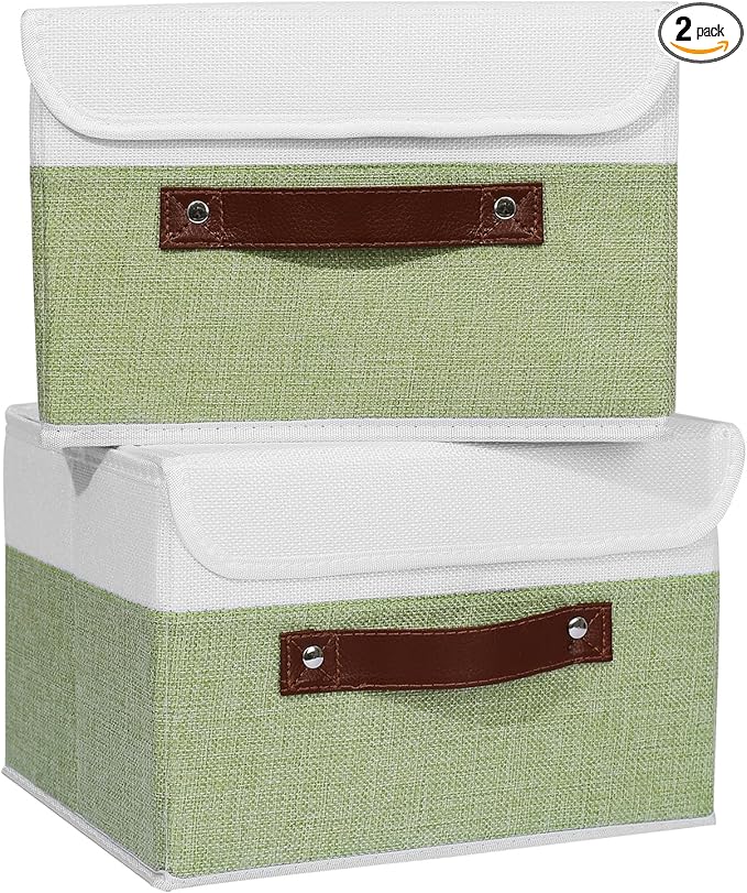 ANMINY 2PCS Storage Boxes with Lid Washable Decorative Storage Bins Basket with PU Leather Handle Foldable Linen Fabric Storage Cubes Containers for Home Closet Organizer - Green White, Small Size-NeatNest