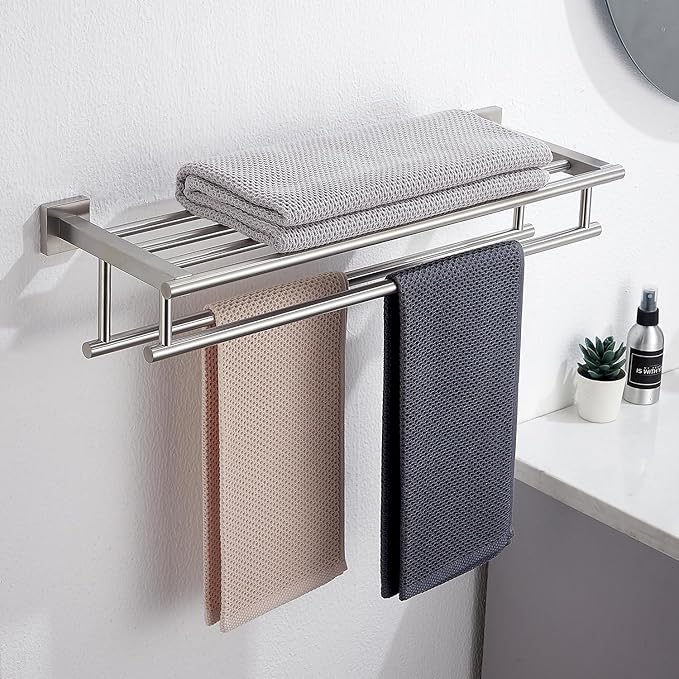 Bathroom Towel Rack 24 Inch Tower Holder with Double Towel Bar Brushed Nickel Towel Rack Wall Mounted SUS304 Stainless Steel Hotel Towel Shelf Modern Towel Hanger