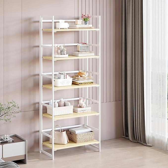 BHG Vintage Multifunctional Folding Bookshelf, No-Assembly Plant Stand Storage Rack Shelves for Home Office (White, 5-Tier)-NeatNest