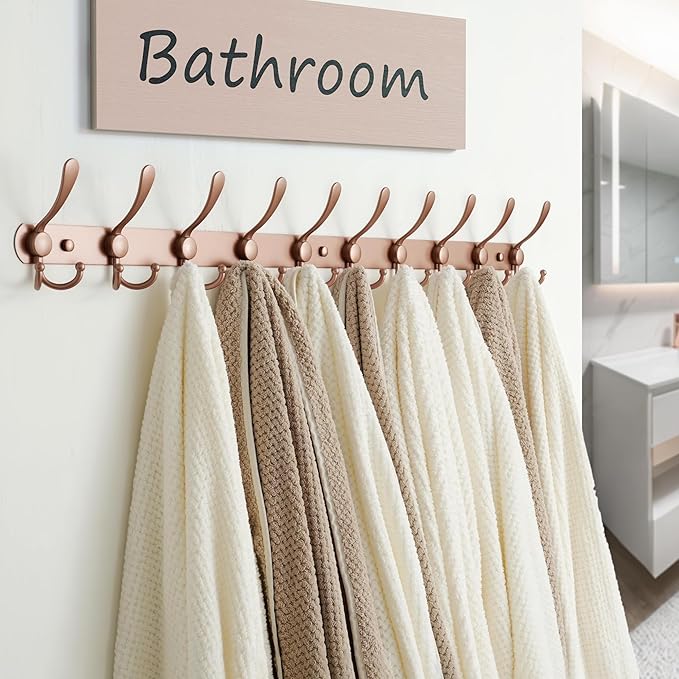 Dseap Coat Rack Wall Mount - 38” Long 10-Tri-Hooks Heavy Duty Coat Hanger Rail Wall Hooks for Hanging Coats Hats Clothing Clothes Purse Mudroom Entryway, Rose Gold, Pack of 2-NeatNest