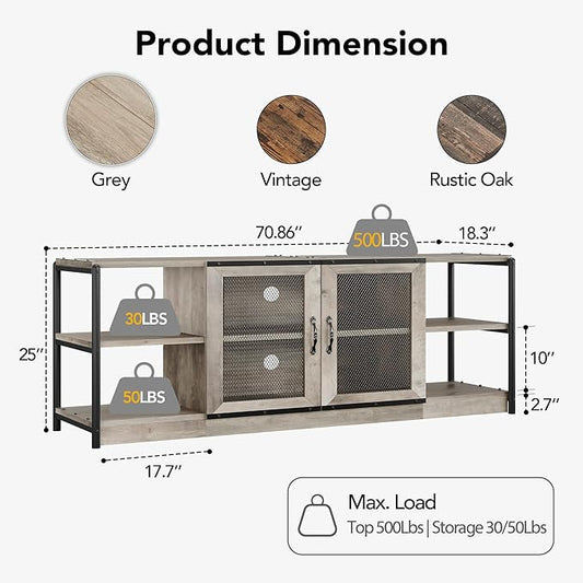 CABIHOME Farmhouse TV Stand for 75/80 inches TVs, Entertainment Center with Storage Cabinet and Mesh Doors, Industrial Media Console Cabinet Table, Living Room Media Furniture, Light Grey-NeatNest