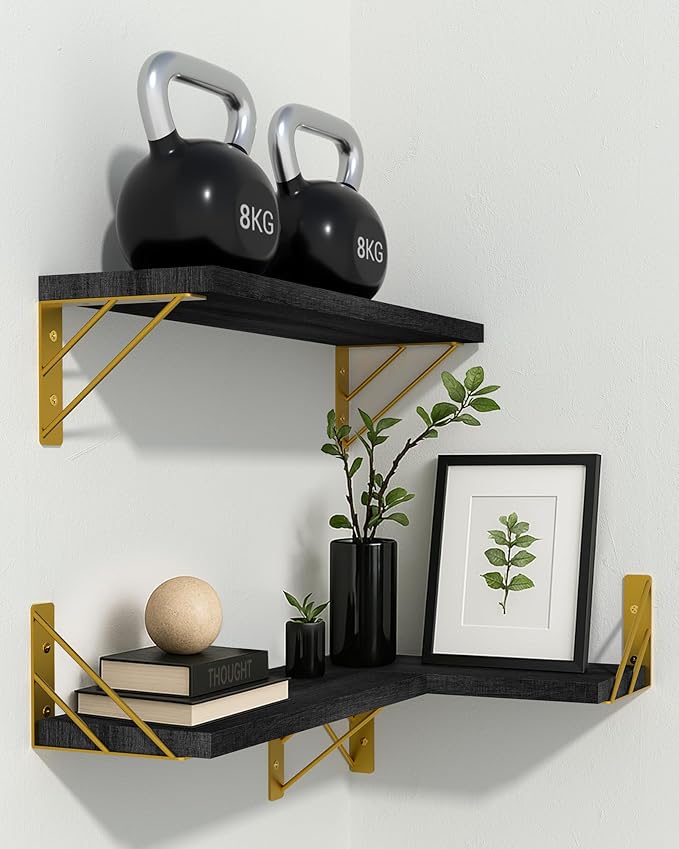 BAYKA Wall Shelves for Bedroom Decor, Floating Wall Shelves for Living Room Kitchen Storage, Wall Mounted Rustic Wood Floating Shelves for Kids Books, Corner Shelves for Bathroom, Office(Set of 3)-NeatNest